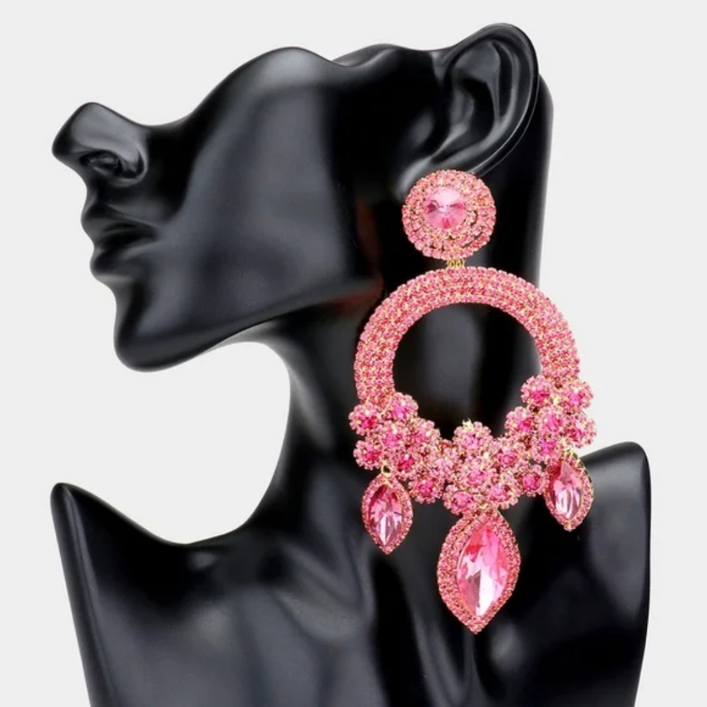 Pink Flower Oversized Statement Dangle Earrings Big Sexy Large Statement Jewelry